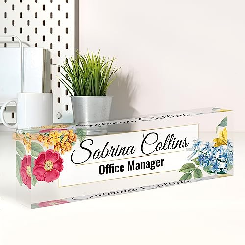 Image of Name Plate for Desk, Desk Name Plate Personalized, Blue Office Decor for Women Men, Acrylic Desktop Accessories, Office Gifts for Boss Nurse Teacher Coworker, Employee Appreciation Gift (Flowers B)