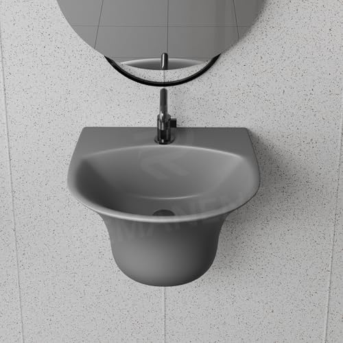 Image of REMANENCE Luxury Wall Mount Half Pedestal Wash Basin for Bathroom | Designer Wall Hung Basin | Wall Mounted Washbasin for Resturent, Hotels (16 x 16 x 11 Inch) (Matte Grey)