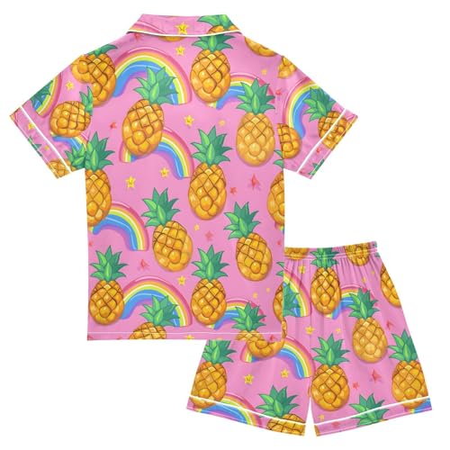 ALAZA Pineapple Rainbow Star Cartoon Pajamas Satin Pajama Set Short Sleeve Button Down Sleepwear2