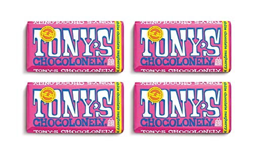 Tony’s Chocolonely Belgian White Chocolate Raspberry Candy Bar With Popping Candy for Snacks, Chocolate Bar for Party Favors, Gifts, 28% Cacao, Made From Quality Fairtrade Cocoa, 4 Bars, 6.35 Oz Each