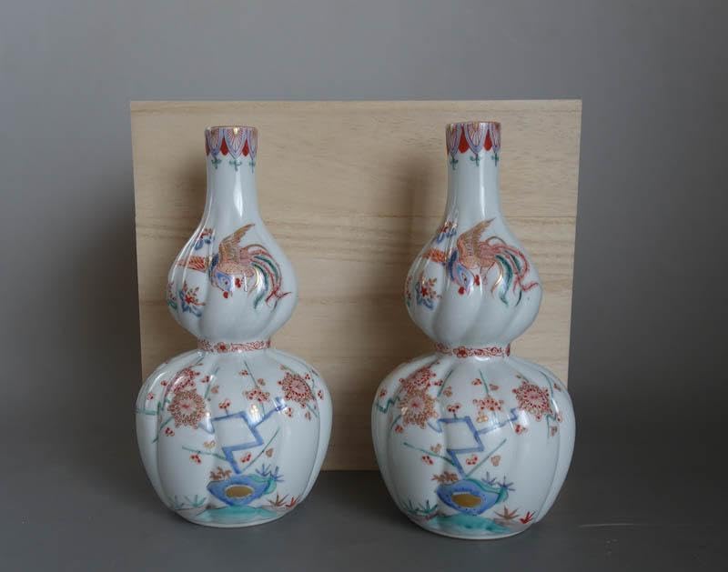 色絵花鳥文　瓔珞文　鳳凰文　神具　榊　花器　花瓶　酒器　徳利　２本　2425 色絵花鳥文瓔珞文鳳凰文神具榊花器花瓶酒器徳利2本2425