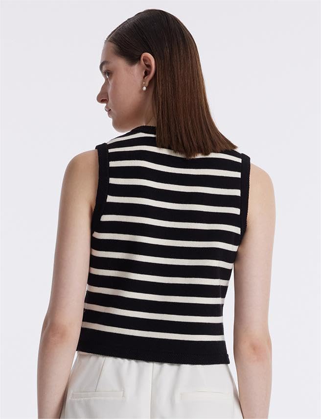 Image of Women's Striped Cropped Knit Vest - Sleeveless V Neck with Gold Buttons, Business Casual Multi-Season Layering Top