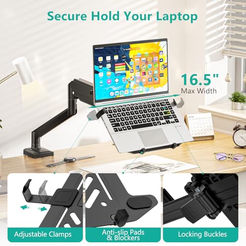 Image of WALI Single Arm Laptop and Monitor Desk Mount for 17 inch Notebook and Up to 32 inch Screen, 2-in-1 Adjustable Monitor Arm with Laptop Tray, VESA 75x75 100x100, Holds 10-12 kg, Black (GSMP001NLP)
