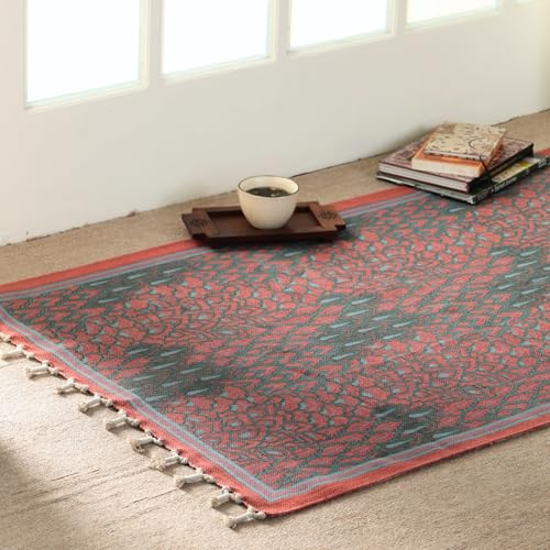 Image of Peepul Tree Handmade Pure Cotton Rug for Living Room | Multipurpose Carpet for Hall, Bed Room and Corridor | Floor Rugs | Sustainable Dhurrie | 3x5ft | Coral, and Teal | Chintz Collection