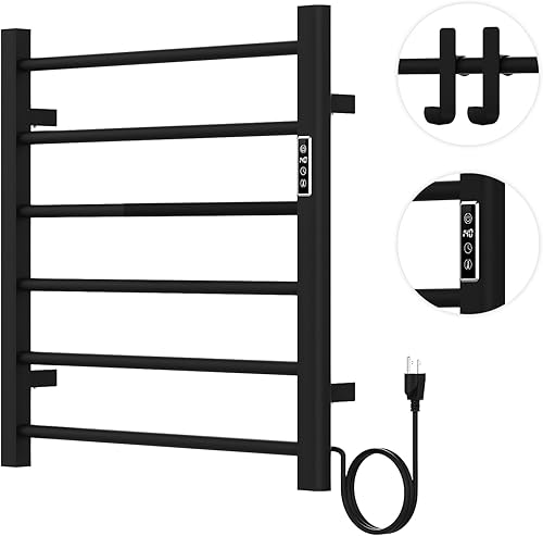 Towel Warmer Rack, 6 Bars Wall Mounted Towel Heater Towel Warmer with Timer and LED Indicator for Bathroom Hard-Wired/Plug-in Towel Drying Rack (6 Bars-Black)