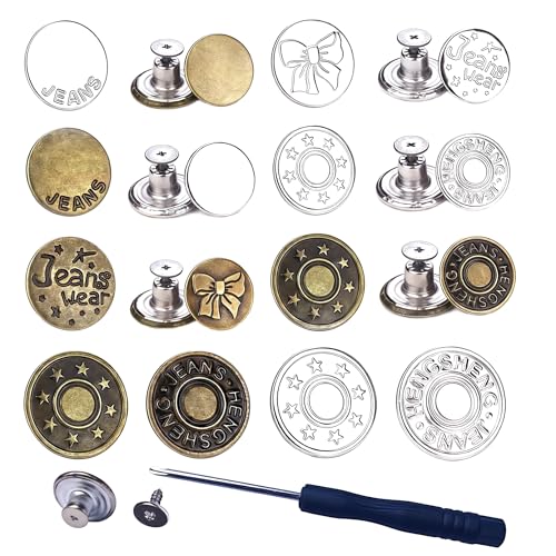 Gpajdty 32 Sets No-Sew Jeans Buttons Replacement - 0.7inch/0.8inch Removable Metal Rivets with Screwdrivers Heavy-Duty Clothing Repair Kit for Pants/Jackets (Women & Men)