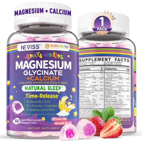 Neviss Magnesium Glycinate + Calcium Filled Gummies for Adults and Kids 4+ Kids Sleep Gummies Melatonin Free Sugar Free Magnesium Supplement with B6 D3 L-Theanine for Zzz & Relax Brain Bone Muscle