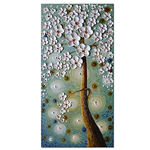 Toile peinte à la main arbre de vie blanc pour un salon serein et lumineux