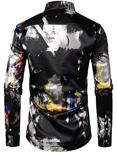 Image of ZEROYAA Men's Luxury Printed Silk Like Satin Button Down Dress Shirt for Party Prom