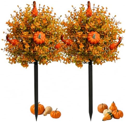 2 Pack Fall Pumpkin Topiary Trees with Stakes, 22 Inch (Orange) |...