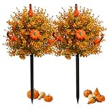 2 Pack Fall Pumpkin Topiary Trees with Stakes, 22 Inch (Orange)
