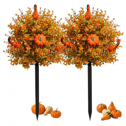 2 Pack Fall Pumpkin Topiary Trees with Stakes 22 Inch (Orange)