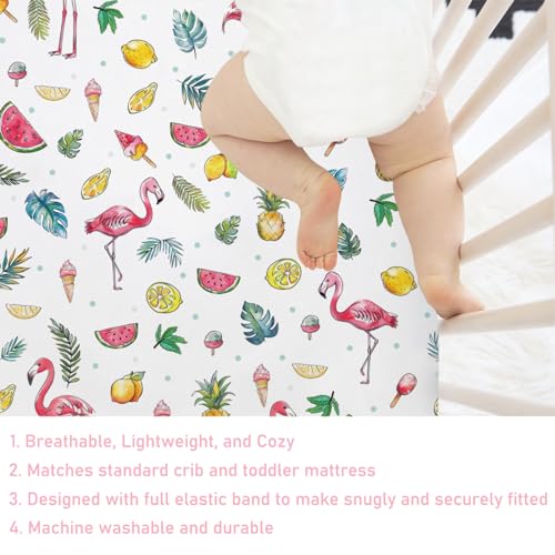 Image of Watercolor Summer Flamingo Baby Crib Sheets 52''x28'' Lemon Pineapple Watermelon Tropical Leaves Snug Fitted Crib Mattress Sheet for Boy Girl Soft Nursery Bed Sheets for Standard Crib Toddler Mattress