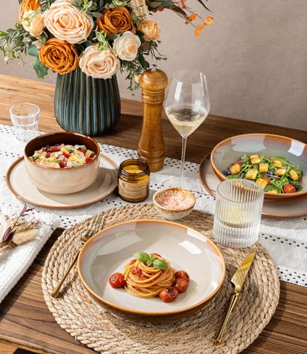Image of LERATIO Ceramic Dinnerware Sets with Pasta Bowls for 4,Plates and Bowls Sets,Oven &Microwave & Dishwasher Safe,Light Weight & Scratch Resistant Dishes Sets-Service for 4 (16pcs)-Kahki