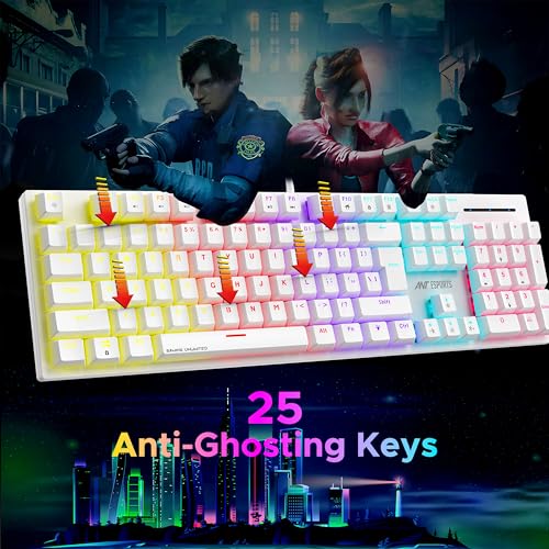 Image of Ant Esports MK3400 Pro V3 Mechanical RGB Gaming Keyboard, 104 Keys-Brown Switch, Multicolour Backlit, Anti-Ghosting, USB Wired, Media Keys, 12 LED Modes, for PC, Mac, Windows, Linux - White
