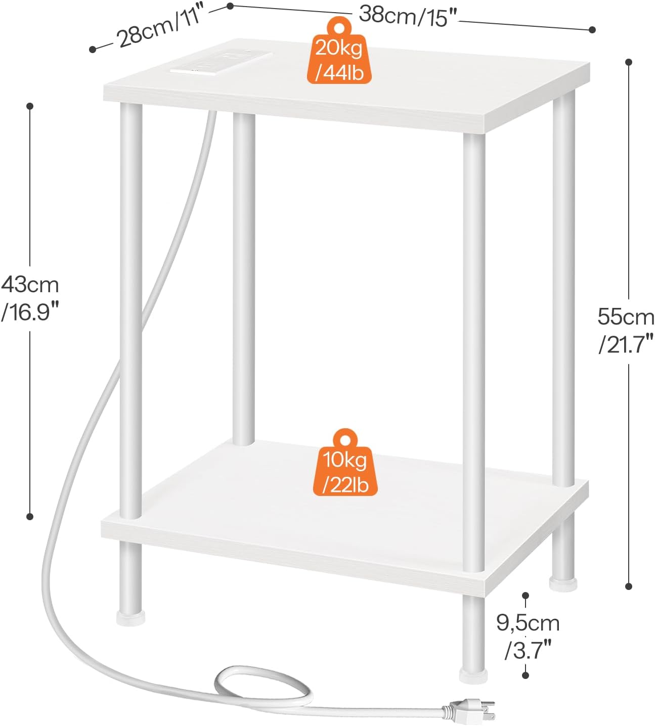 HOOBRO Side Table with Charging Station, Set of 2 End Tables with USB Port and Outlets, Nightstand with 2-Layer Storage Shelves for Small Spaces, Living Room, Bedroom, White WW09UBZP201