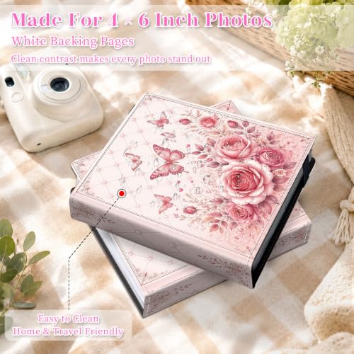 Image of Photo Album 4x6 120 Pockets Quilted Pink Rose Butterfly | 120 clear 4x6 photo pockets, strong elastic band, compact album, family travel wedding use, pink rose butterfly cover