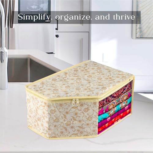 Image of Urbane Home Blouse Cover | Clothes Storage Bag | Zipper Wardrobe Organizers | Non-Woven Clothes Organiser | Side Transparent Blouse Organizer | Leaf-Design | Pack of 6 | Cream