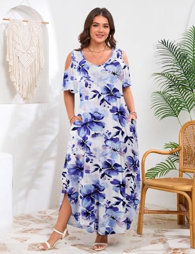 Image of JollieLovin Womens Plus Size Casual Summer Maxi Long Dress Cold Shoulder V Neck Beach Sundresses