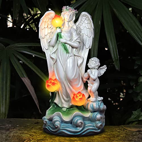 Voveexy Angel Garden Statue, Solar Garden Figurine Lotus Outdoor Decor With Warm White Light Resin Cherub Garden Sculpture For Patio Yard Lawn Porch Art Decoration Ornament Christmas Housewarming Gift #TOP5