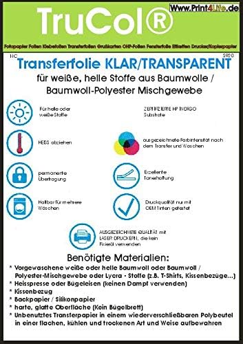 T-Shirt Textile Transfer Foil FOR LIGHT FABRICS Textiles A4 clear transparent iron-on and self design (20 sheets) - for laser printers and copiers