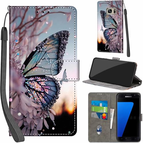 Handyhülle für Samsung Galaxy S7 Hüllen Premium Leder Case Klappbar Wallet Magnet Kartenfach Standfunktion Schutzhülle kompatibel mit Samsung S7 Cover Schmetterling