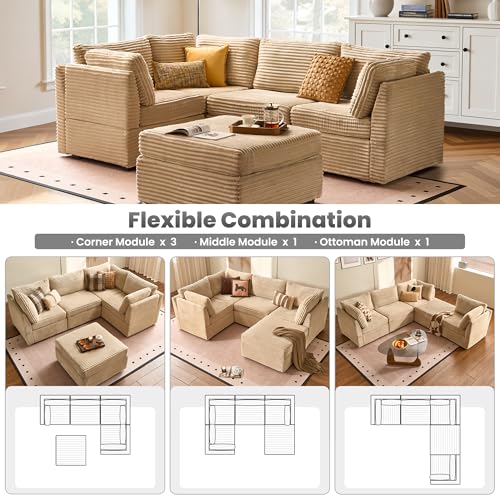 Image of ovios Modular Sectional Sofa Couch with Sofa Bed L-Shape Chaise, Comfy Plush Corduroy Cloud Couches, Modern Luxury Deep Seat Sofas Set for Living Room, 5-Seater, Beige