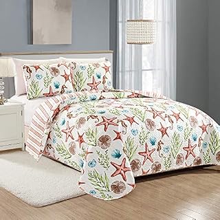 Great Bay Home Castaway Coastal Collection 3 Piece Quilt Set with Shams. Reversible