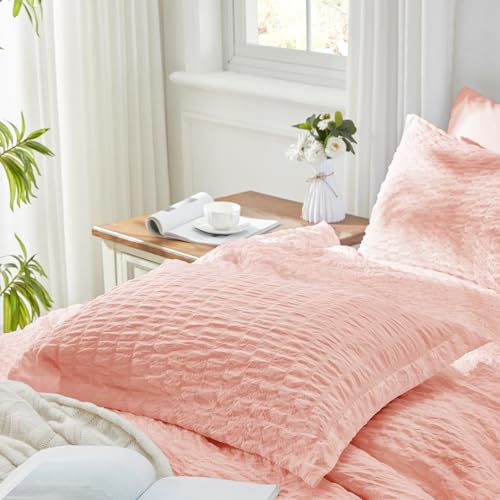 Image of Zzlpp King Comforter Set 7 Pieces, Pink Seersucker Bed in a Bag with Comforter and Sheets, All Season Bedding Sets with 1 Comforter, 2 Pillow Shams, 2 Pillowcases, 1 Flat Sheet