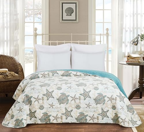 C&F Home Amber Sands Full/Queen 3 Piece Cotton Quilt Set Summer Beach Ocean Coastal Starfish Seaturtle Reversible Machine Washable Lightweight Bedspread Coverlet Full/Queen 3 Piece Set Blue - Image 3