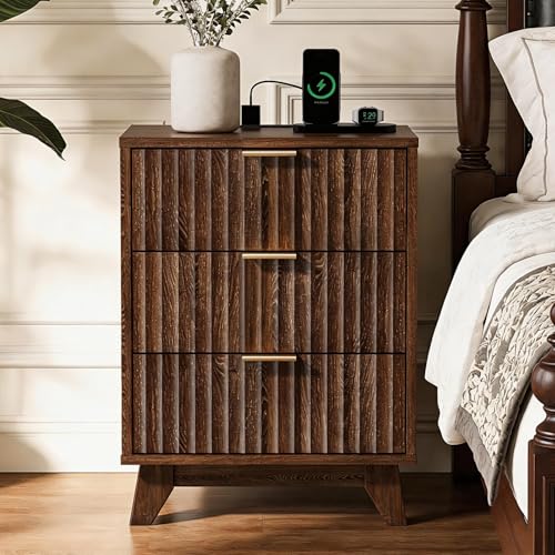 Image of VINGLI Walnut Nightstand with Charging Station, Fluted Nightstand 3 Drawer Night Stand, Mid Century Modern Night Stand for Bedroom, Fluted Bedside Table /End Table /Side Table, 17.72 inch W, 1 pc