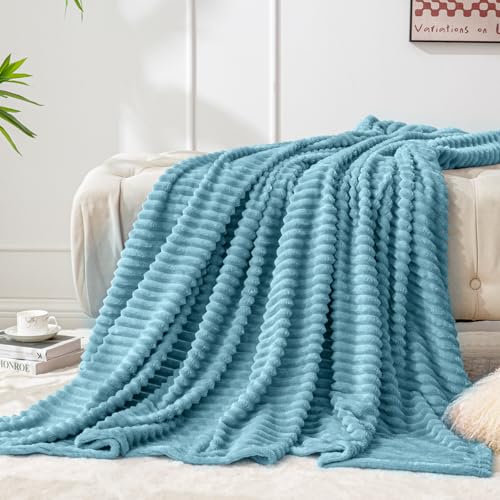 Image of BEDELITE Fleece Throw Blanket for Couch - 3D Ribbed Jacquard Soft and Warm Decorative Fuzzy Blanket - Cozy, Fluffy, Plush Lightweight Washed Blue Throw Blankets for Bed, Sofa, 50x60 inches