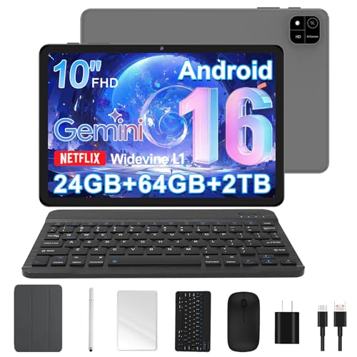 Image of Android 16 Tablet, 10 Inch Tablet with Keyboard, Octa-Core, 24GB RAM 64GB ROM 2TB Expand, 2 in 1 Tablets with Gemini AI, 6000mAh, WiFi, Widevine L1, GMS, Tablets with Case, Mouse, Stylus (Black)