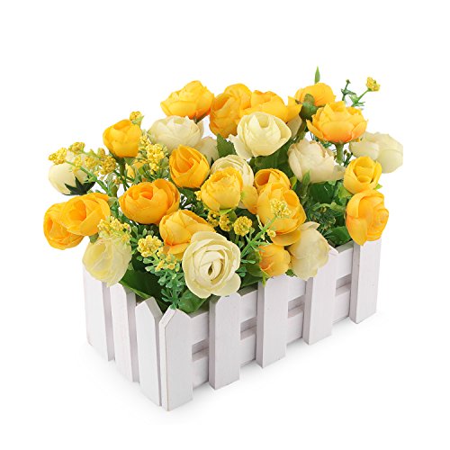 Louis Garden Artificial Flowers Fake Rose in Picket Fence Pot Pack - Mini Potted Plant (Yellow)