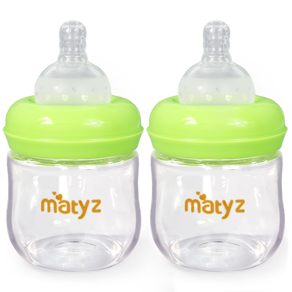 Matyz 2-Pack Glass Baby Breastfeeding Bottles with Caps (Green, 4Oz) - Wide Neck New Born Bottles for Baby Breastfeeding Bottles for 0-3 Months Babies - Glass Baby Bottles 4 Oz Breastfeeding Bottles
