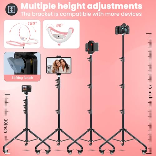 22" Foldable Ring Light with Stand for iPhone ipad, 75" Tripod with Wheels 50W 6500K LED Display/2 USB Ports Large Ringlight Rolling, Tattoo Barber Makeup Studio Video Photography Lighting(Pink)