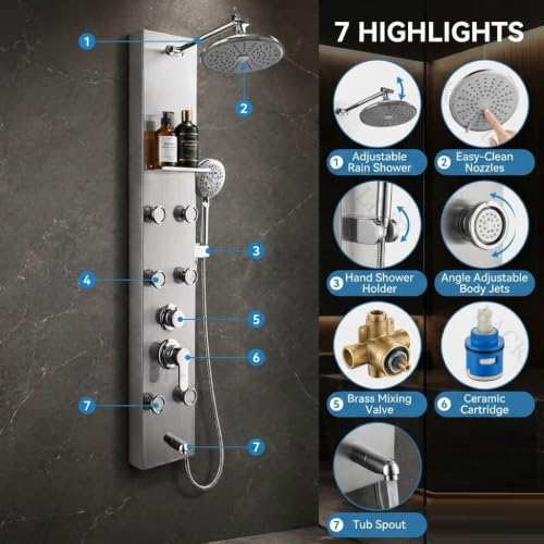 Image of Backline All In 1 Shower Panels for Bathroom 304 SS Hot & Cold Water Adjustable | 3 Function Handshower with Waterfall Shower /Tub Spout /Body Massage Spray /Storage Rack (Brushed Nickel)