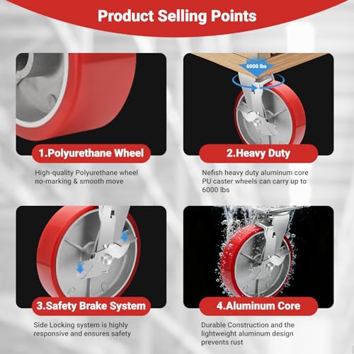 Image of Nefish 8 Inch Heavy Duty Industrial Grade Casters Wheels, Aluminum Core PU Castor Set of 4, Durable Plate Swivel Casters with Brake 6000 LBS, Anti-Corrosion Wheels for Industrial, Equipment