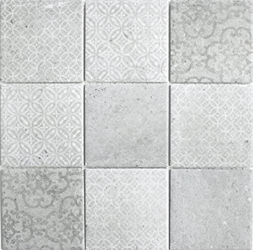Keramik Shabby Chic Optik Mosaik Fliese Retro Vintage grau für WAND BAD WC DUSCHE KÜCHE FLIESENSPIEGEL, Mattengröße: 298x298 = 0,09 qm, Steingröße: 97x97x6 mm - 1 Matte