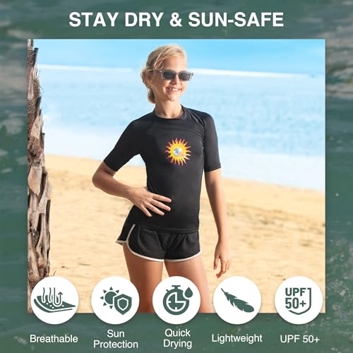 Image of Kanu Surf Girls' Karlie Rash Guard UPF 50+ Sun Protection Short Sleeve Swim Shirt