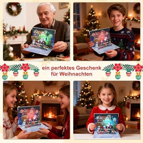 LIHAO Weihnachtskarten mit Musik Weihnachtskarten 3D Grußkarte Pop Up Karten Weihnachten Glückwunschkarte LED Licht Merry Christmas Schneemann Nikolaus
