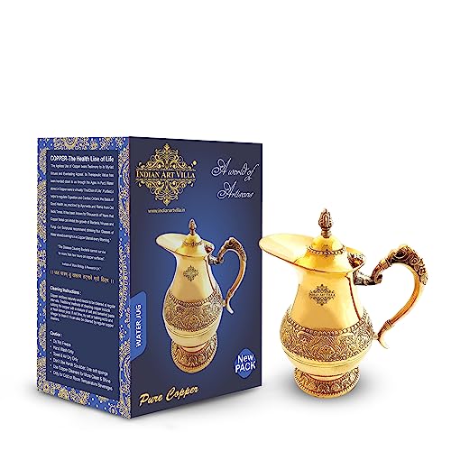 Image of Indian Art Villa Designer Brass Embossed Jug Pitcher with Lid, Drinkware & Tableware, for Serving and Drinking Water, 1000 ML, Gold