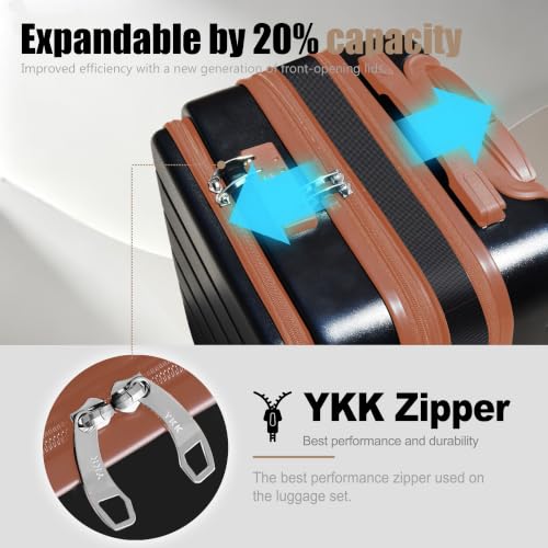 Image of KEYTANG SmileLine 3-Piece Luggage Set Lightweight Hardside Suitcase TSA Lock Spinner Wheels, 20 inch Expandable Carry-On Luggage with Quick Access Front Open Pocket, Bonus Makeup Bag,Apricot Black
