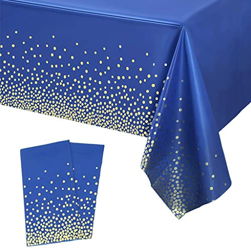 YAAVAAW 2 pièces 137 * 274cm Bleu Foncé et Or Points Nappes Jetable,Rectangulaire Imperméables Nappe Plastique Décoration de Table pour...