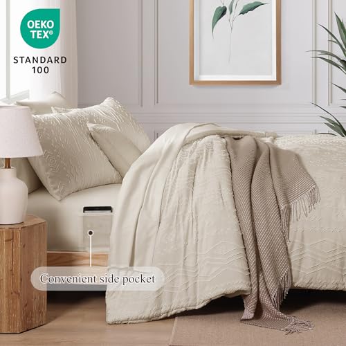 Image of AMBERSPACE Queen Comforter Set Beige, Tufted Boho Bedding Farmhouse Bed Set, All Season 7 Pieces Bed in a Bag with Sheets, Pillowcases & Shams