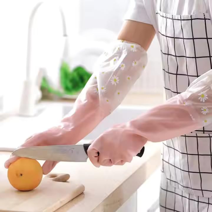 Image of Heavy Duty Hand Gloves For Dishwashing, Gardening, Kitchen Cleaning Non-Slippery & Durable Long Elbow Length(Inner Cotton Lining For Comfort) (Peach)