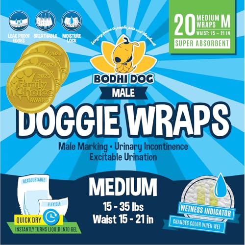 Image of Bodhi Dog Disposable Male Dog Diapers - Super Absorbent, Leak-Proof Pee Wraps - Adjustable Fit, Comfortable Design, Advanced Moisture Control, and Wetness Indicator - Medium (20 Count)