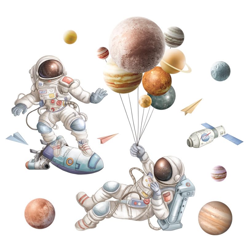 TIMVLETI Niños Astronauta Espacial Pegatinas, Astronauta Murales Adhesivos, Dibujos Animados Creativas Pegatinas PVC Pegatinas Decorativas Pared DIY Sticker para Art Decoración, Niños Dormitorios