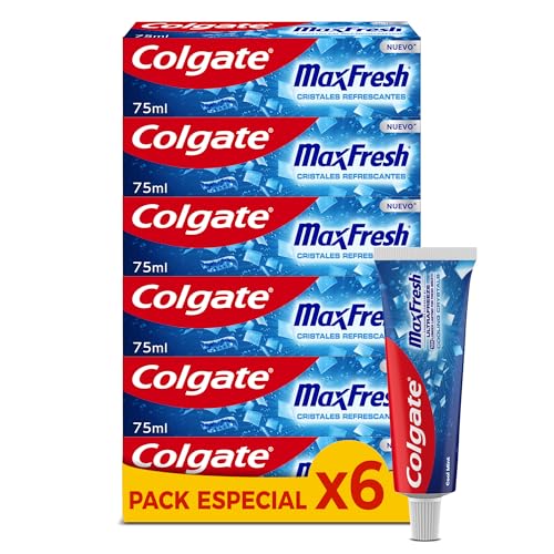 COLGATE - Pasta de Dientes Colgate Max White Cristales Refrescantes Pack 6 x 75 ml - Sabor Menta - Dentífrico con Flúor - Sensación de Frescor Instantáneo y 10 veces más Duradero