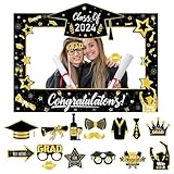 2024 Graduation Photo Booth Props, Graduation Selfie Photo Booth Frame Black and Gold with 15Pcs Graduation Photo Booth Props for Class of 2024 High School and College Grad Party Supplies